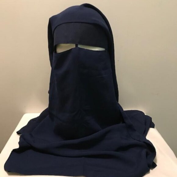 3 Layer Niqab Long BLUE Veil Muslim Hijab - Picture 1 of 4